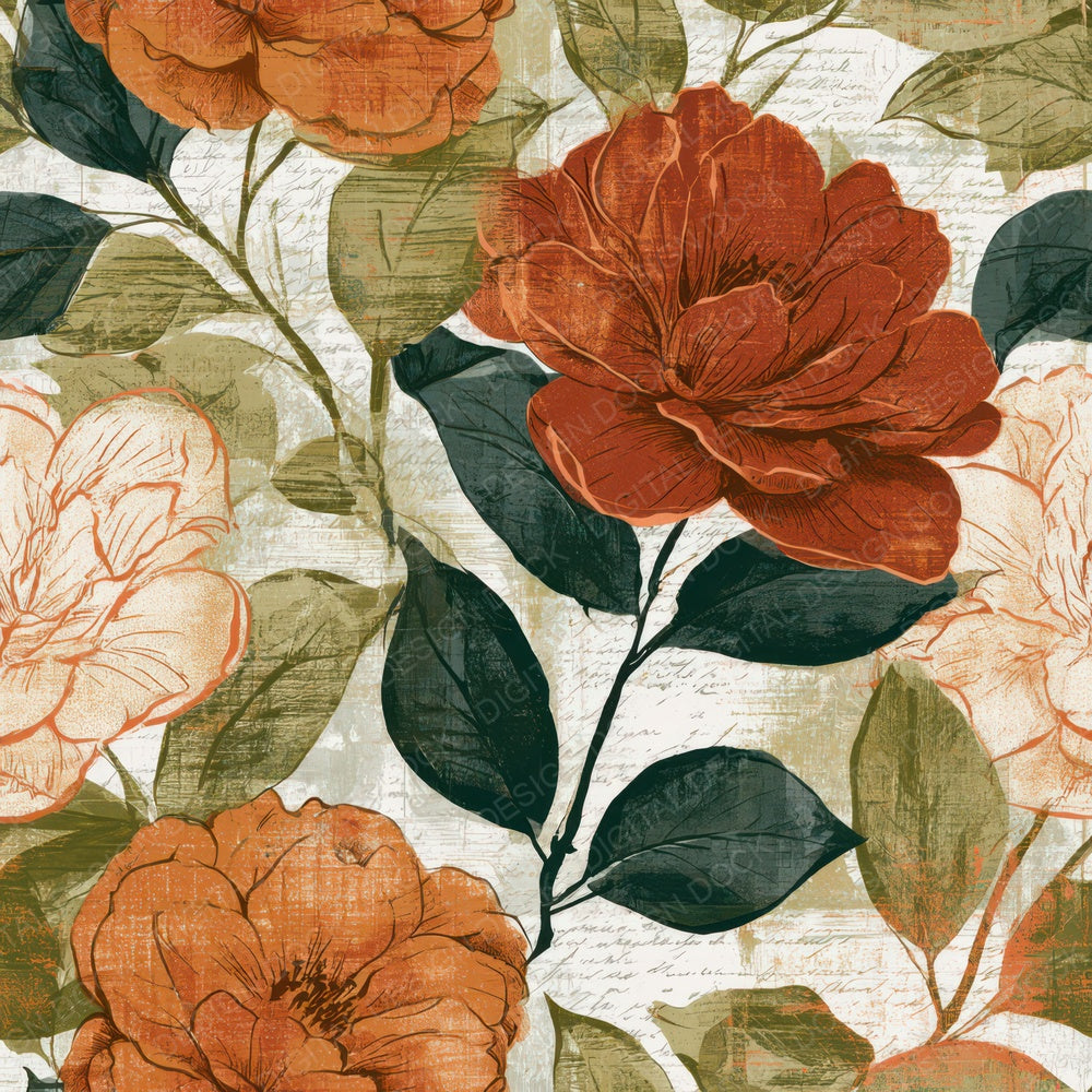 Etching Camellias Terracotta Olive Digital Paper Pack (DDD013549)
