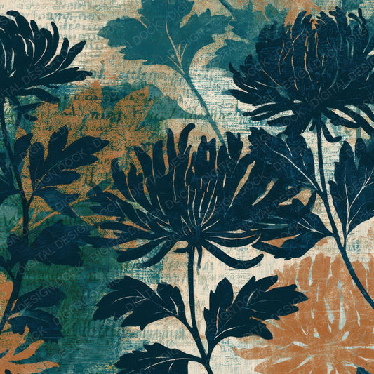 Etching Chrysanthemums Teal Bone Digital Paper Pack (DDD013568)