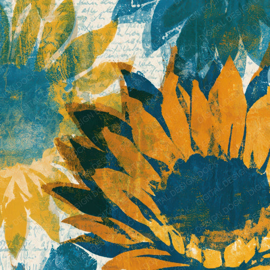 Indian Block Print Sunflowers Azure Bone Digital Paper Pack (DDD013593)