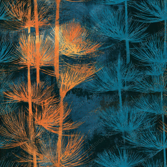 Linocut Horsetail Tangerine Turquoise Seamless Digital Paper Pack (DDD013629)
