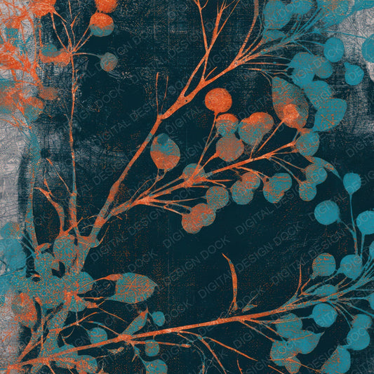 Monoprint Cherry Branches Tangerine Turquoise Digital Paper Pack (DDD013632)