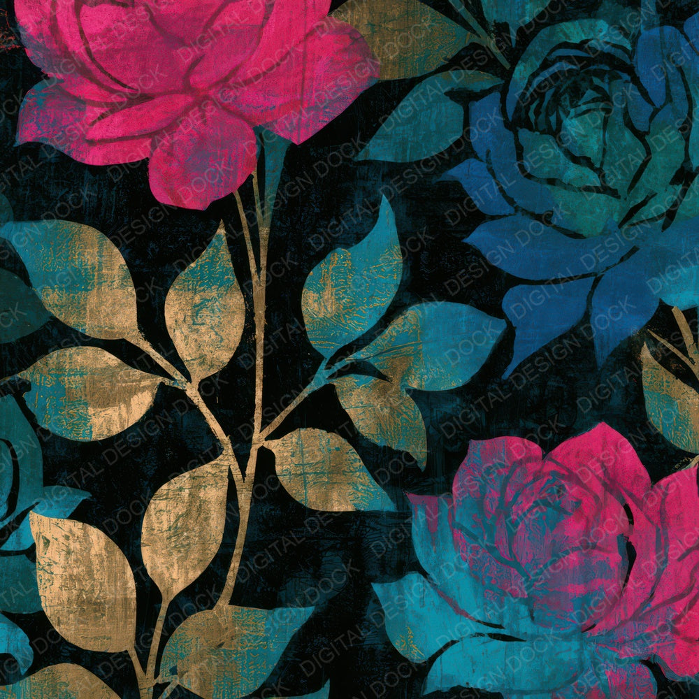 Woodcut Climbing Roses Electric Pink Cyan Digital Paper Pack (DDD013641)