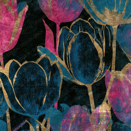 Woodcut Tulips Pink Cyan Digital Paper Pack (DDD013644)