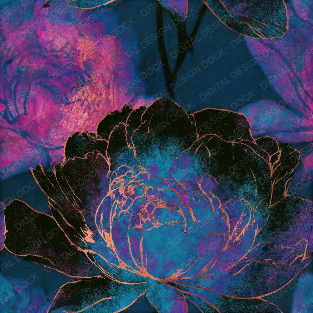 Etching Peonies Pink Cyan Seamless Digital Paper Pack (DDD013669)