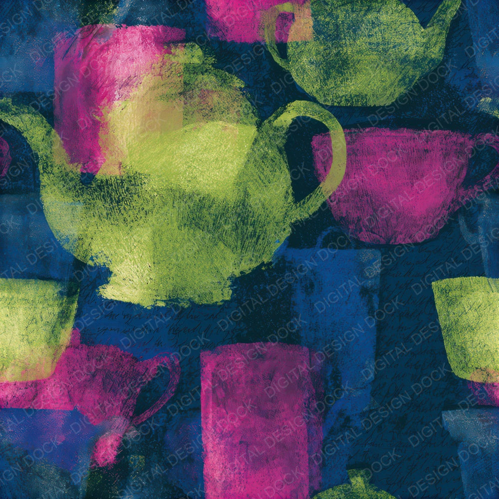 Impressionist Teapots Neon Magenta Seamless Digital Paper Pack (DDD013975)