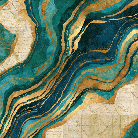 Antique Map Malachite Teal Abstract Digital Paper Pack (DDD014045)