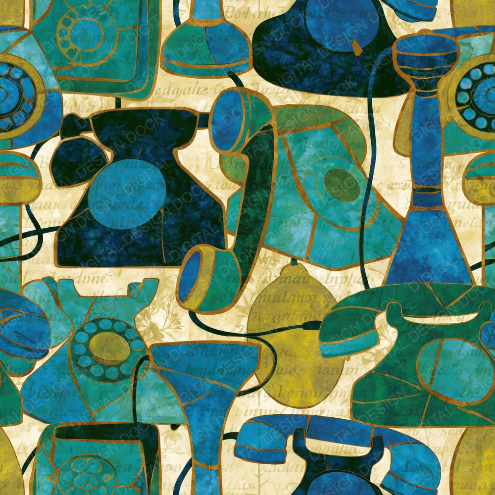 Stained Glass Vintage Telephone Azure Cypress Bone Digital Paper Pack (DDD014062)