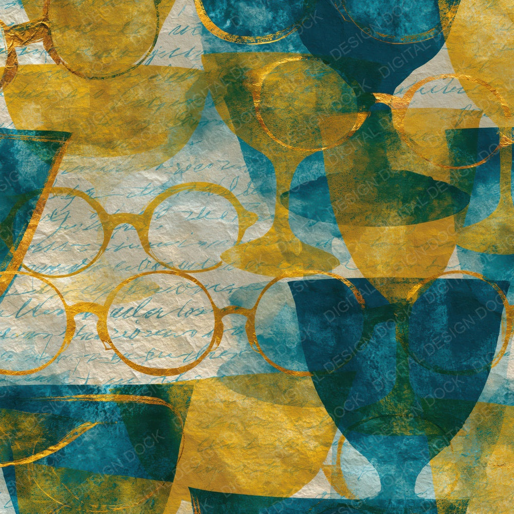 Cyanotype Old Fashioned Glasses Mustard Teal Digital Paper Pack (DDD014108)