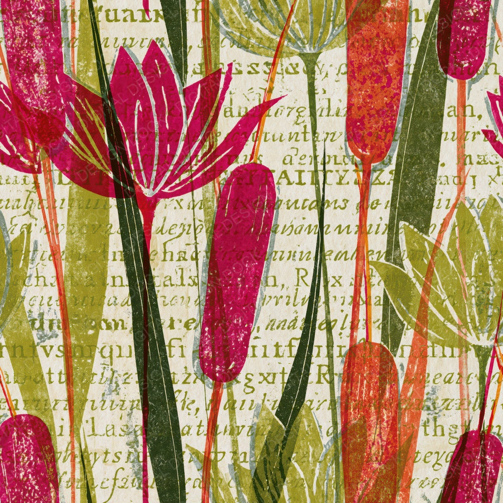 Woodblock Cattails Fuchsia Lime Digital Paper Pack (DDD014161)