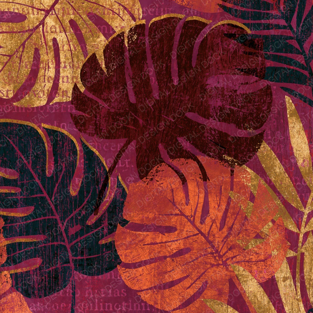 Woodcut Philodendron Oxblood Copper Digital Paper Pack (DDD014204)