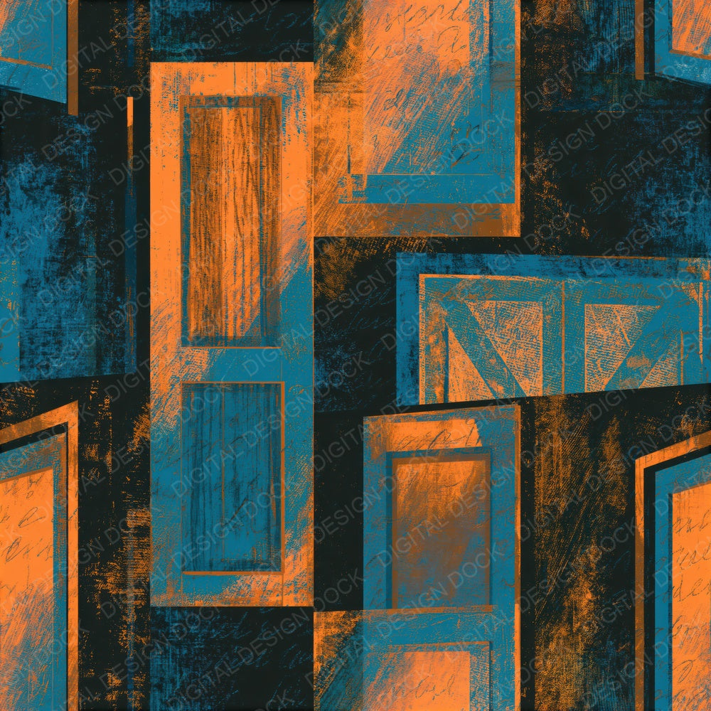 Woodcut Barn Doors Tangerine Turquoise Seamless Digital Paper Pack (DDD014241)