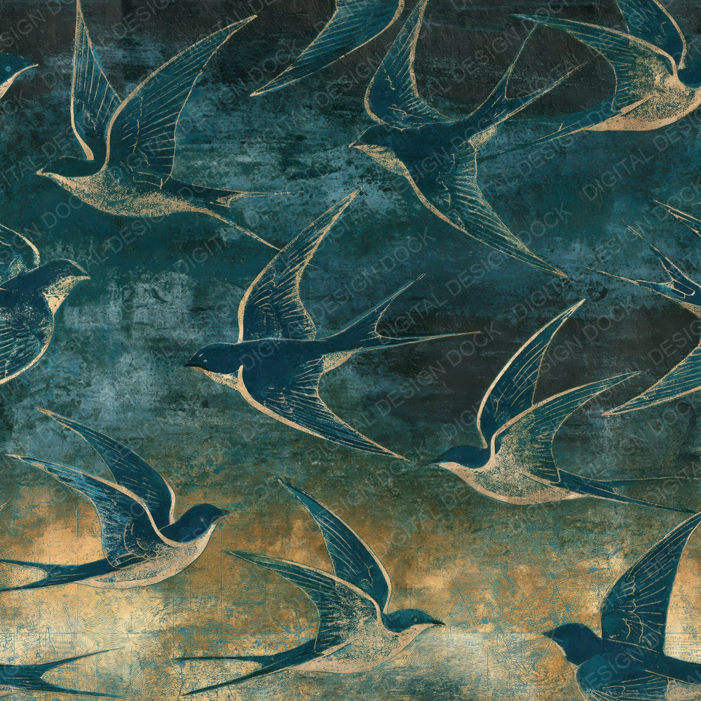 Etching Swallows Teal Charcoal Digital Paper Pack (DDD014247)