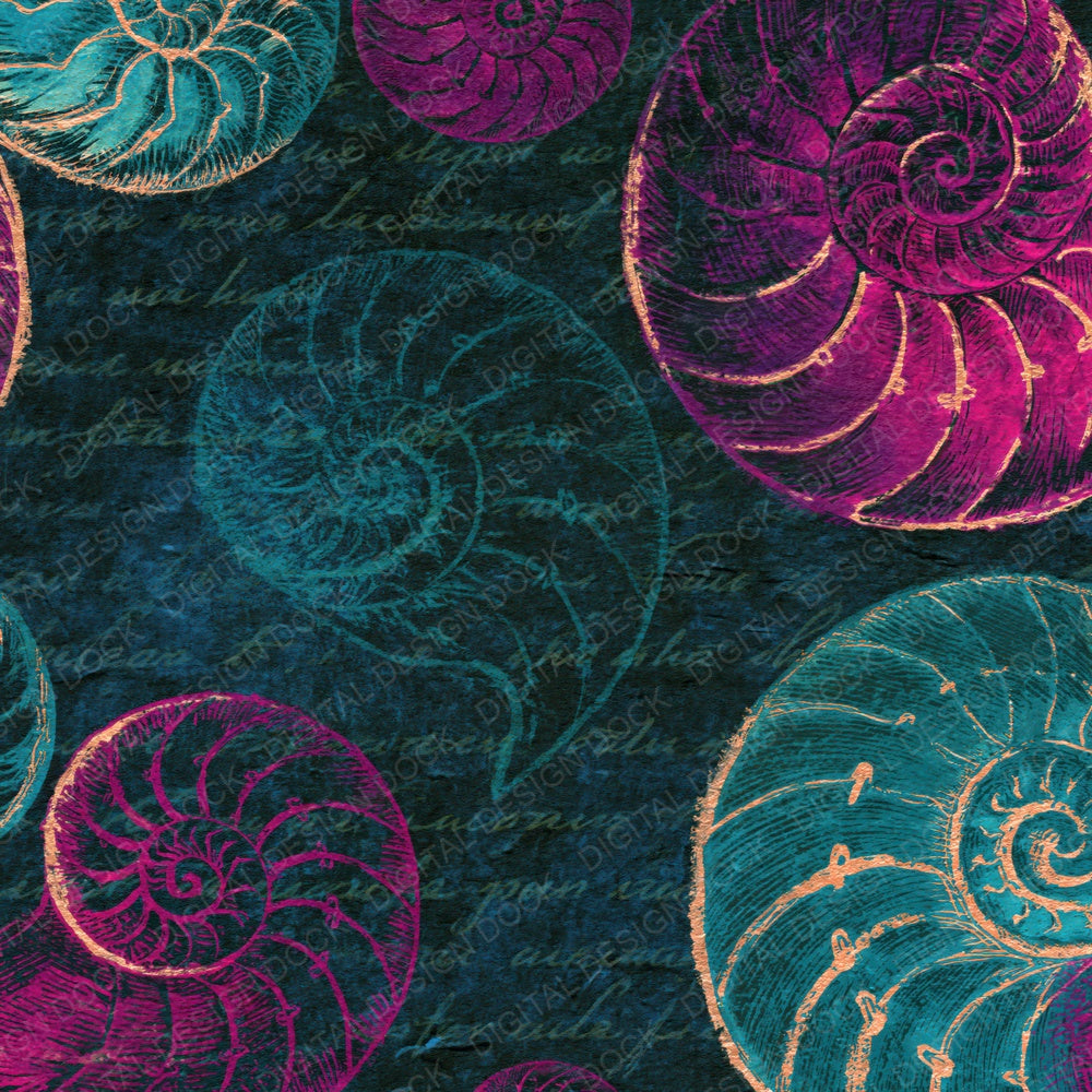 Woodcut Nautilus Teal Magenta Digital Paper Pack (DDD014263)