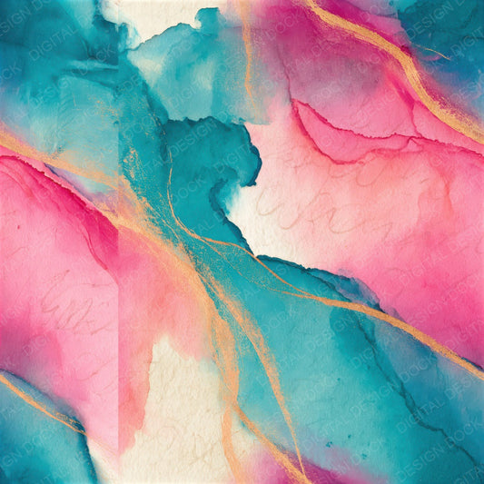 Ink Wash Bubblegum Turquoise Abstract Seamless Digital Paper Pack (DDD014336)