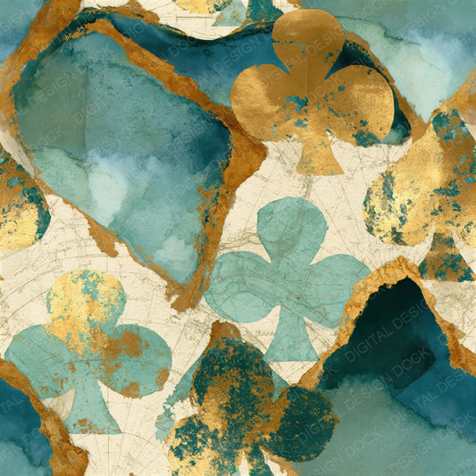Ink Wash Card Suits Mint Gold Seamless Digital Paper Pack (DDD014337)