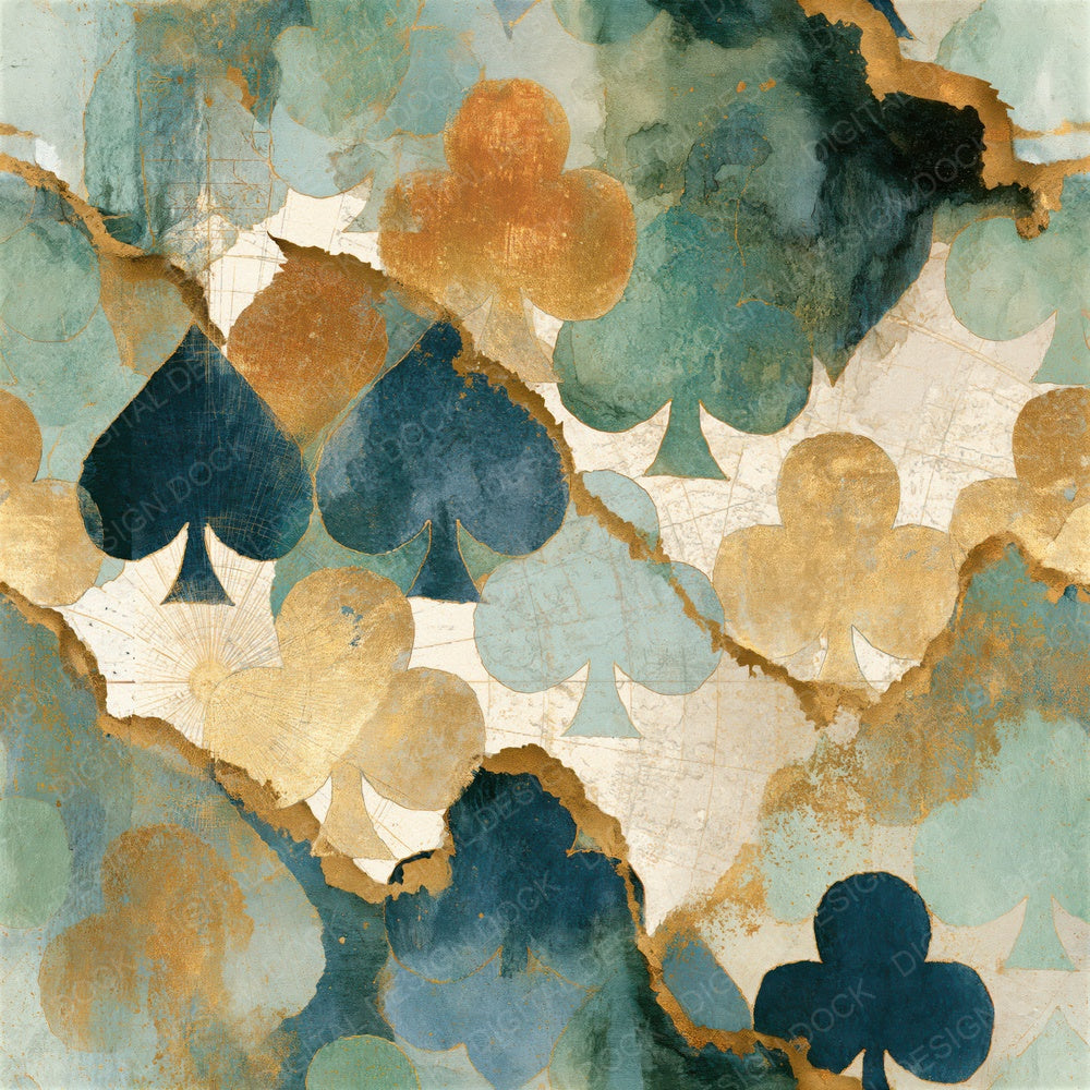 Ink Wash Card Suits Mint Gold Seamless Digital Paper Pack (DDD014337)
