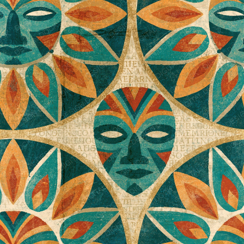 Mandala Tribal Masks Papaya Jade Seamless Digital Paper Pack (DDD014359)