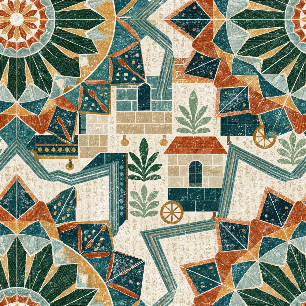 Mandala Popcorn Cart Pine Cream Seamless Digital Paper Pack (DDD014377)