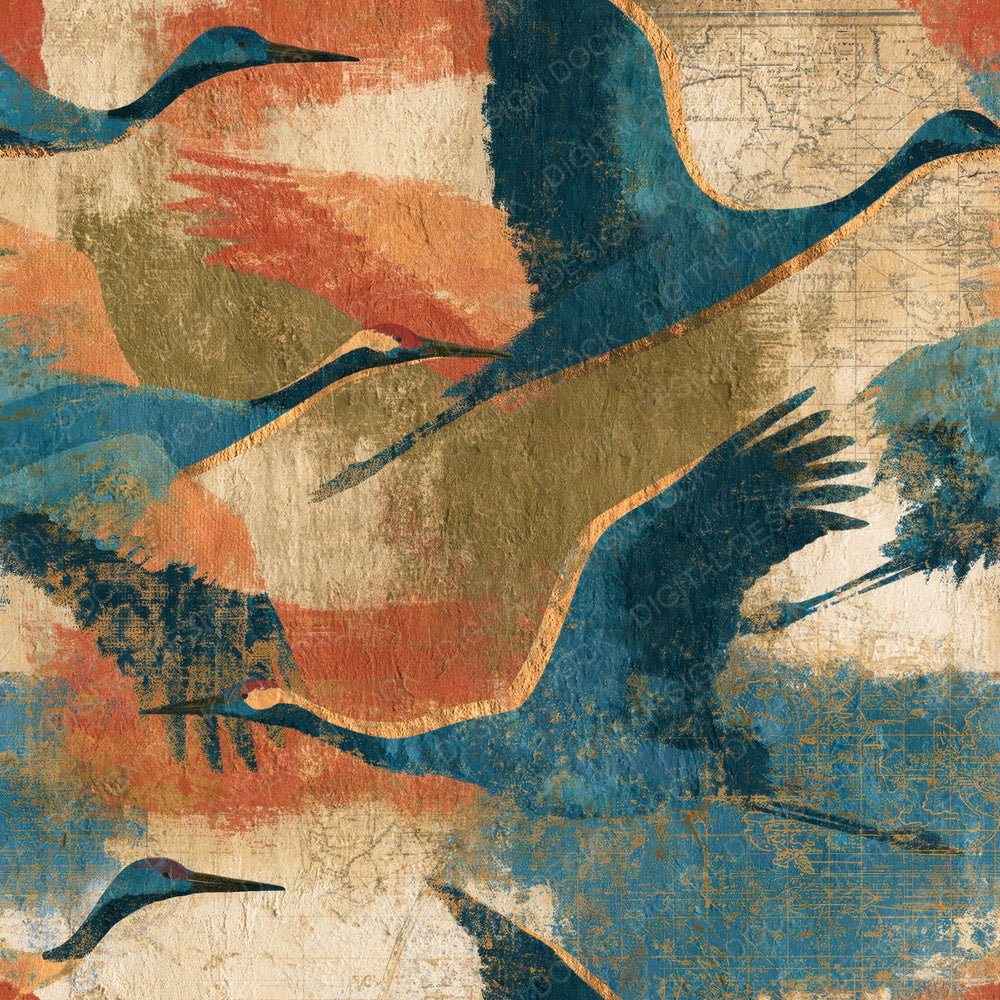 Fresco Cranes Olive Peach Turquoise Digital Paper Pack (DDD014391)