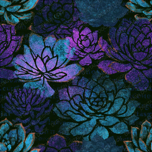 Risograph Succulents Cyan Violet Seamless Digital Paper Pack (DDD014416)