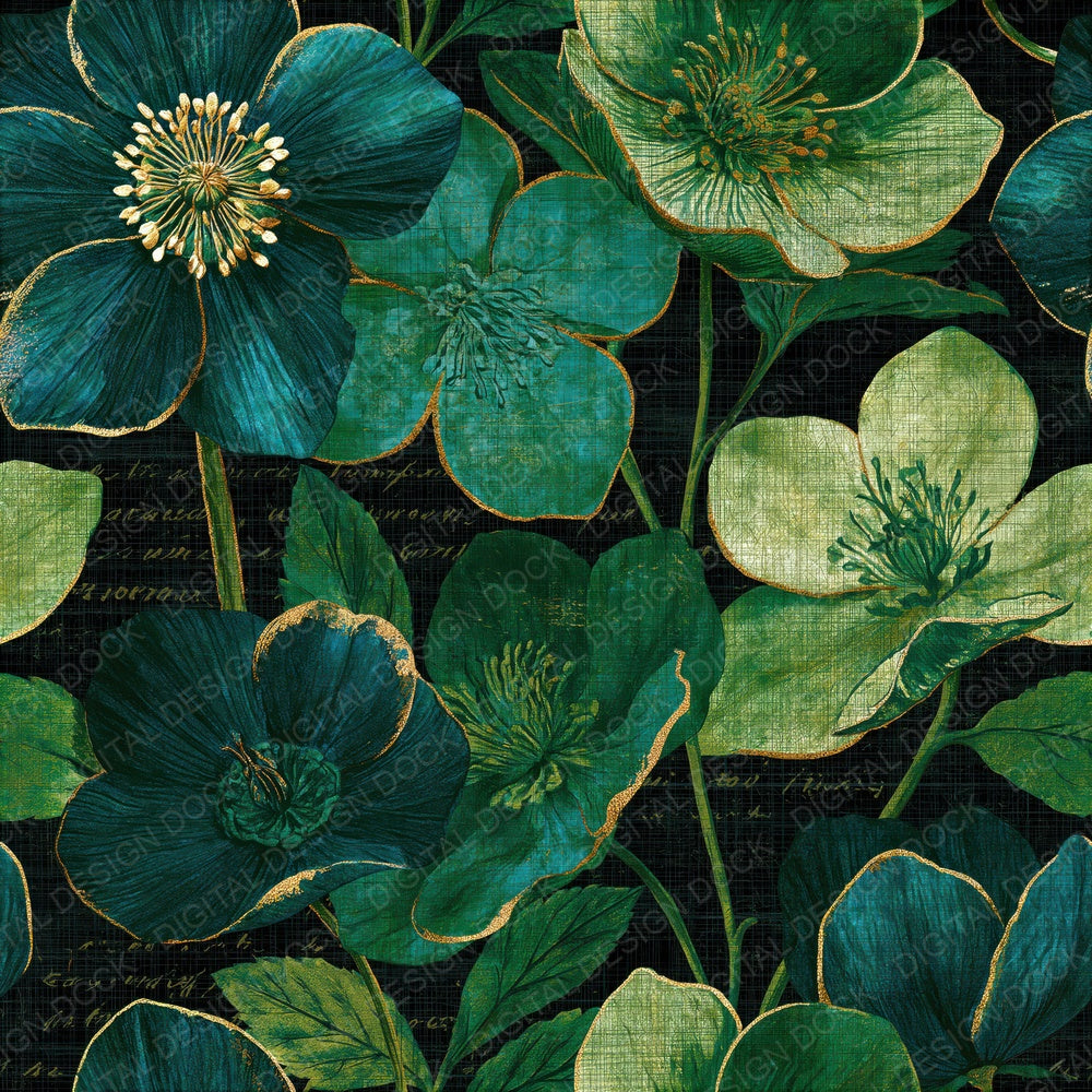 Scratchboard Hellebore Emerald Gold Seamless Digital Paper Pack (DDD014599)