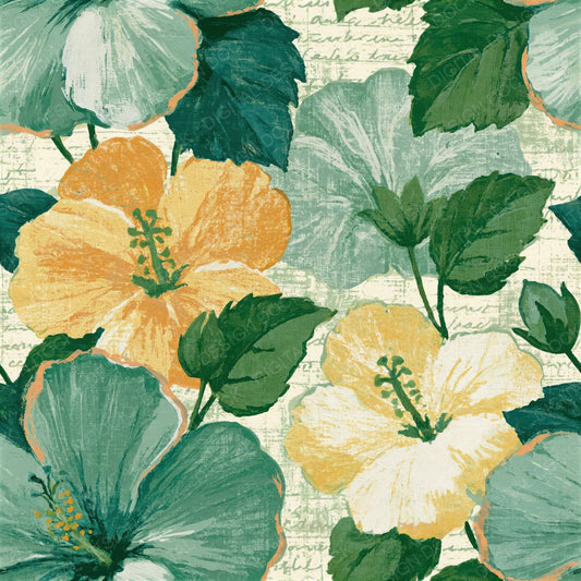 Single Indian Block Print Hibiscus Sage Seamless digital paper shown full size