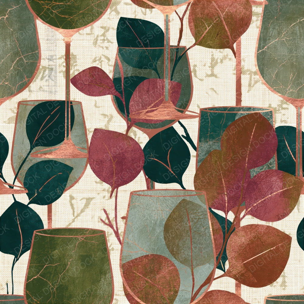Batik Wine Glasses Eucalyptus Seamless Digital Paper Pack (DDD014869)