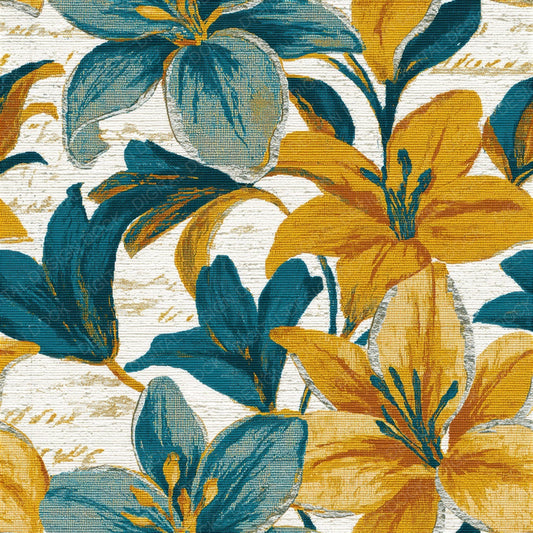 Single Tapestry Lilies Mustard Teal Seamless digital paper shown full size