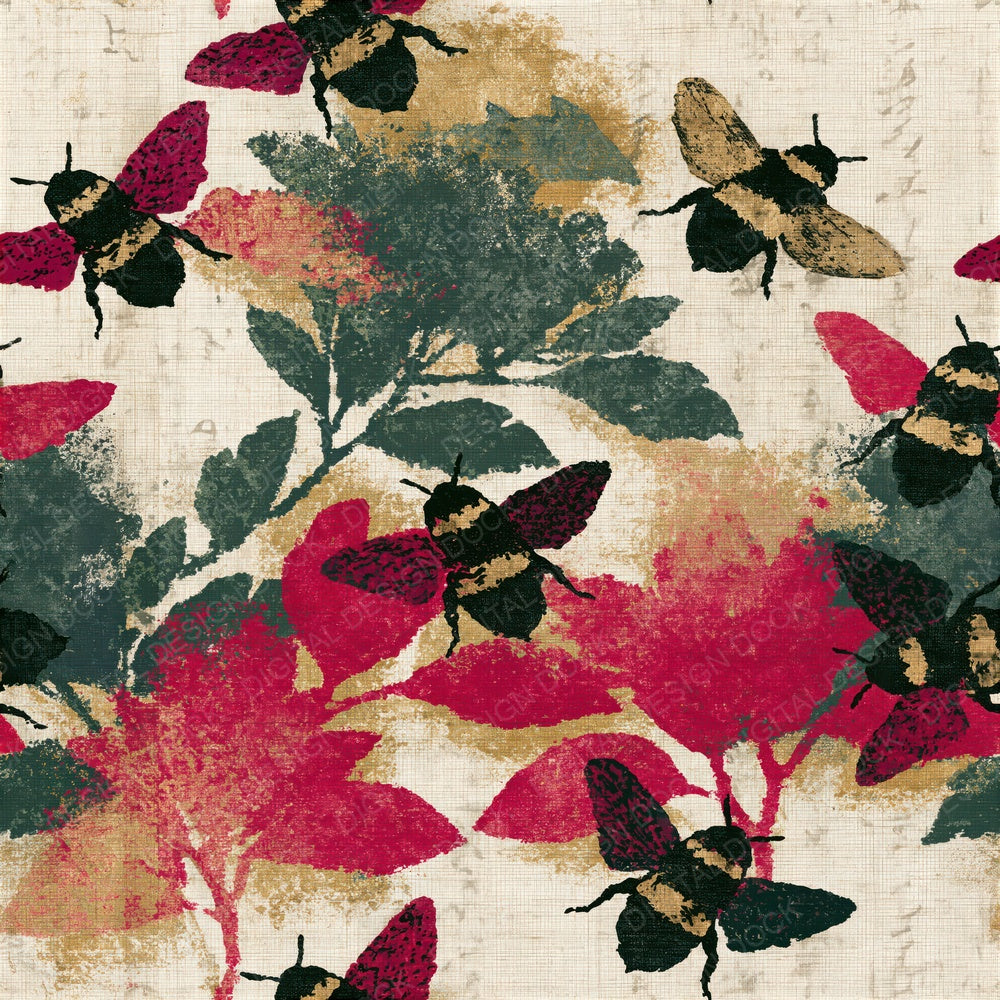 Mezzotint Bumblebees Cherry Mulberry Seamless Digital Paper Pack (DDD014954)