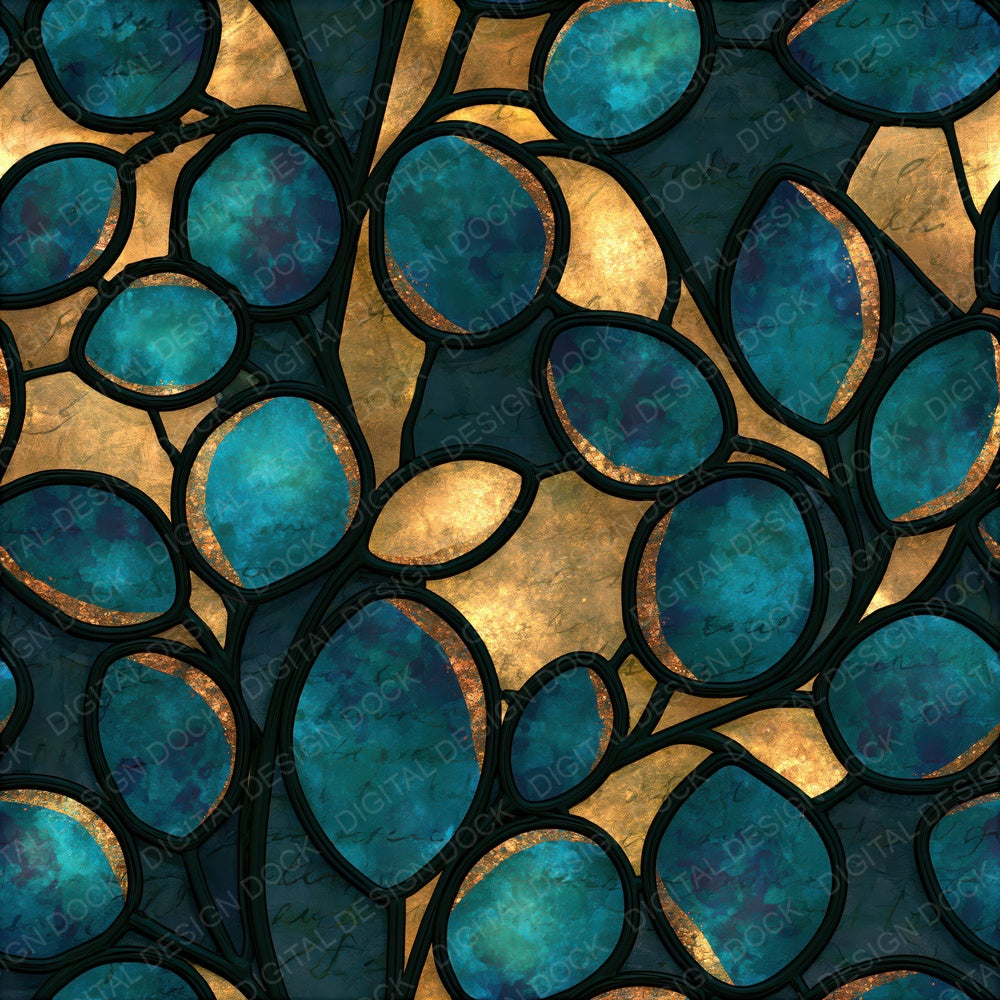 Stained Glass Berries Teal Brass Seamless Digital Paper Pack (DDD015122)