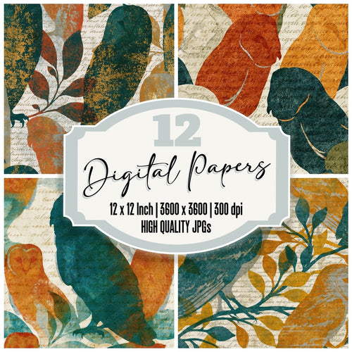 Antique Botanical Barn Owls Papaya Jade digital paper pack cover showing four of the 12 papers