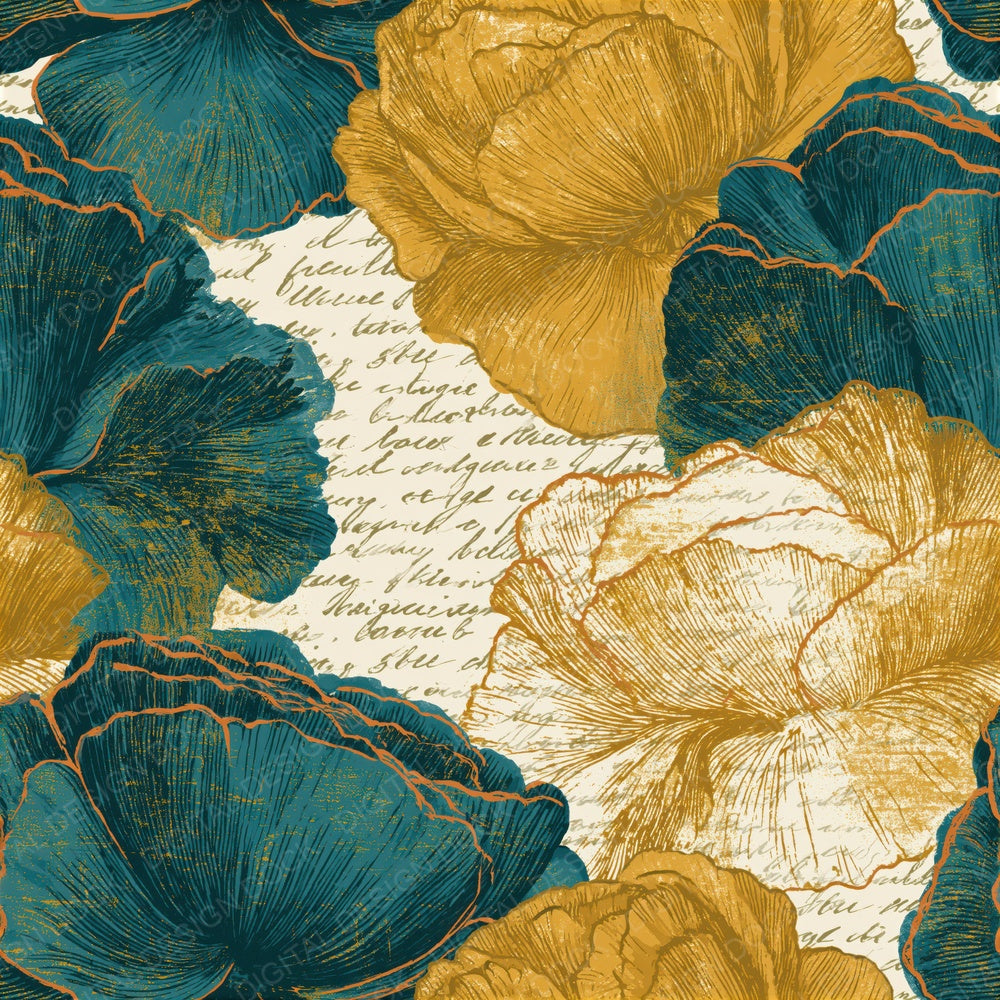 Etching Ranunculus Mustard Teal Seamless Digital Paper Pack (DDD015151)
