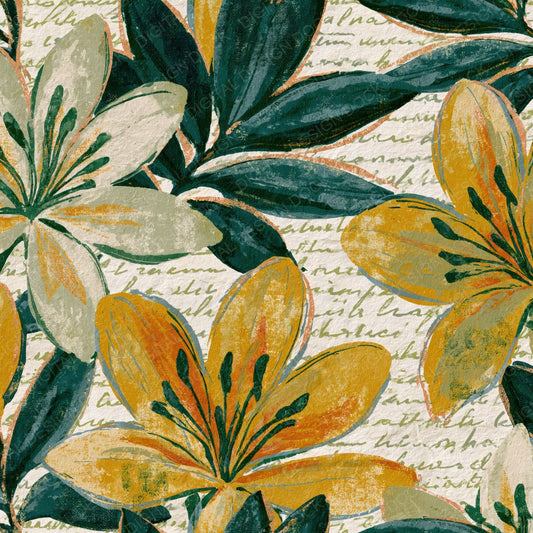 Single Indian Block Print Lilies Olive Ochre digital paper shown full size