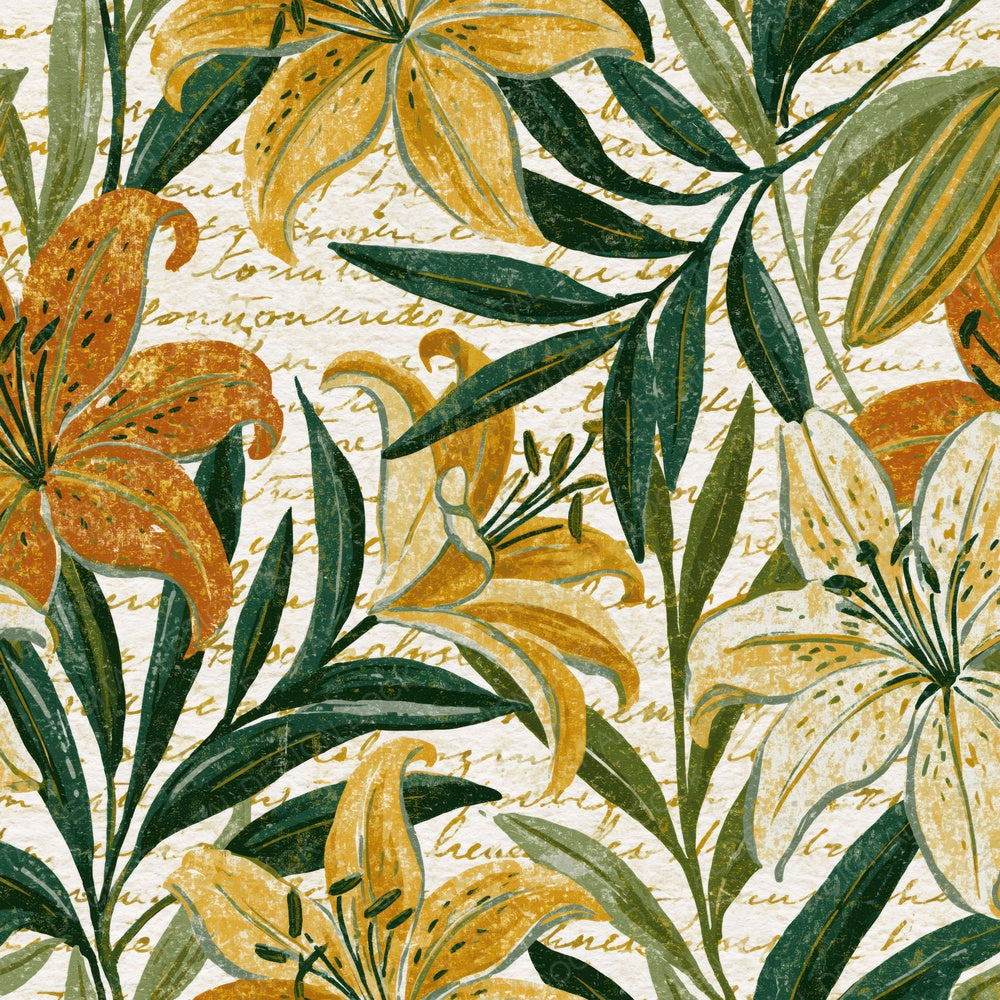 Indian Block Print Lilies Olive Ochre Digital Paper Pack (DDD015154)