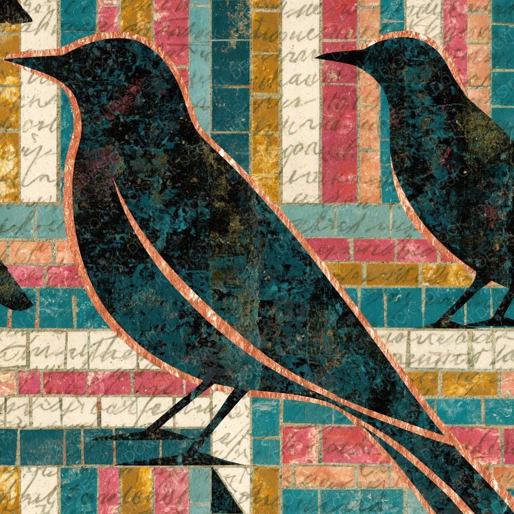 Mosaic Blackbirds Turquoise Pink Ochre Digital Paper Pack (DDD015157)