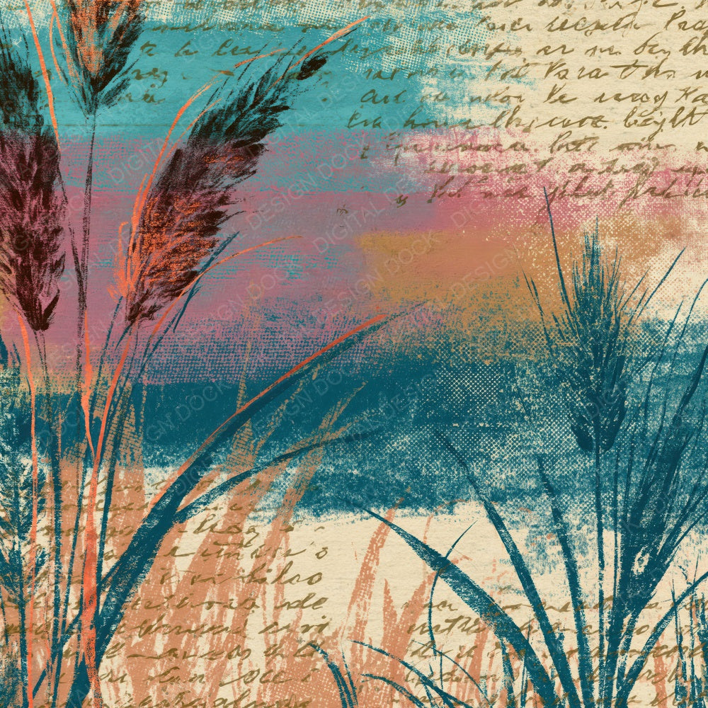 Vintage Newsprint Grasses Turquoise Pink Ochre Digital Paper Pack (DDD015163)