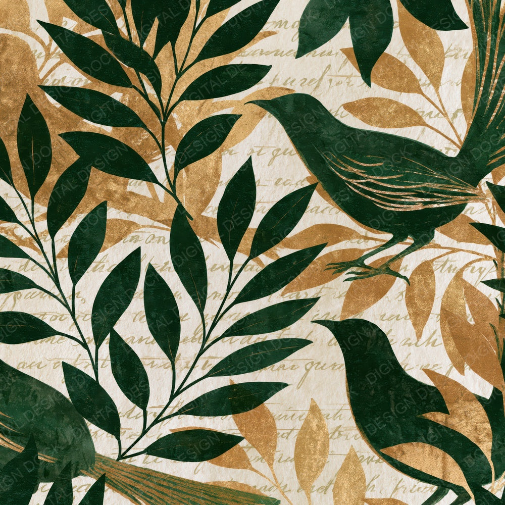 Another Coloured Pencil Lyrebird Eucalyptus Gold digital paper shown full size