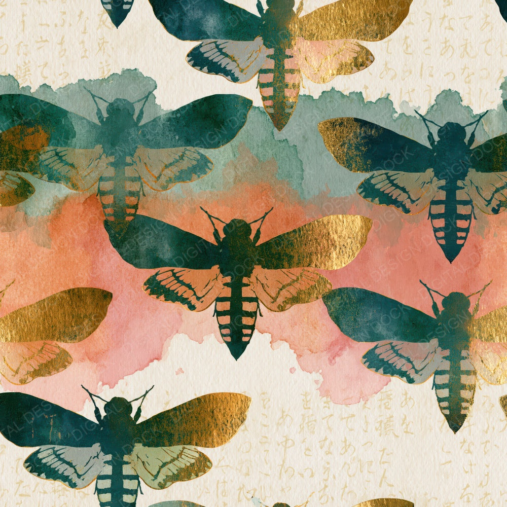 Watercolour Death Head Moths Blush Green Digital Paper Pack (DDD015203)