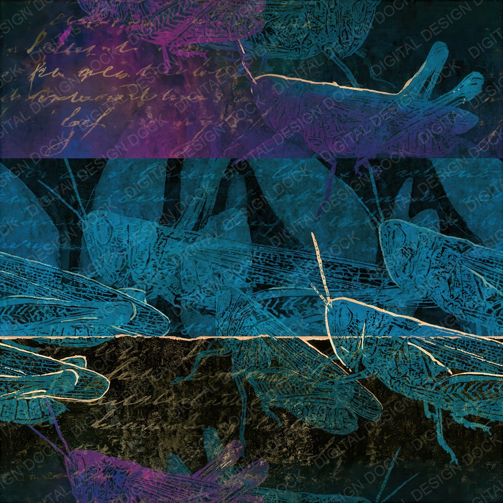 Ink Wash Grasshopper Cyan Violet Seamless Digital Paper Pack (DDD015235)