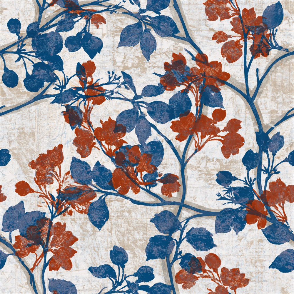 Woodblock Cherry Branches Cobalt Terracotta Seamless Digital Paper Pack (DDD015260)