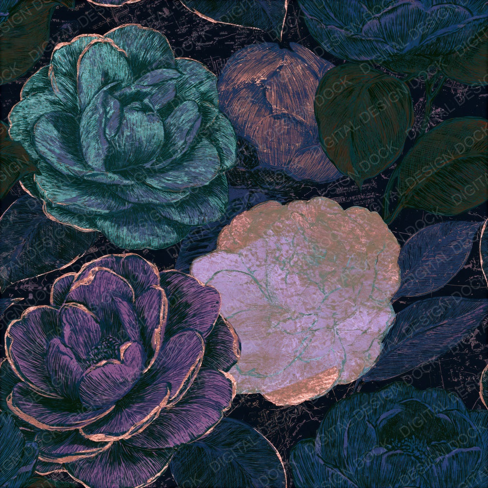 Scratchboard Camellias Aurora Lilac Seamless Digital Paper Pack (DDD015300)