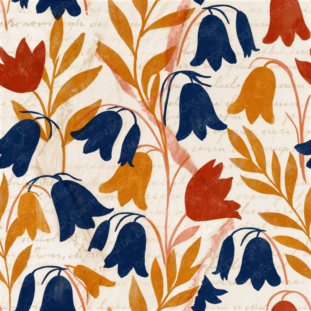 Torn Paper Bluebells Mustard Navy Seamless Digital Paper Pack (DDD015302)