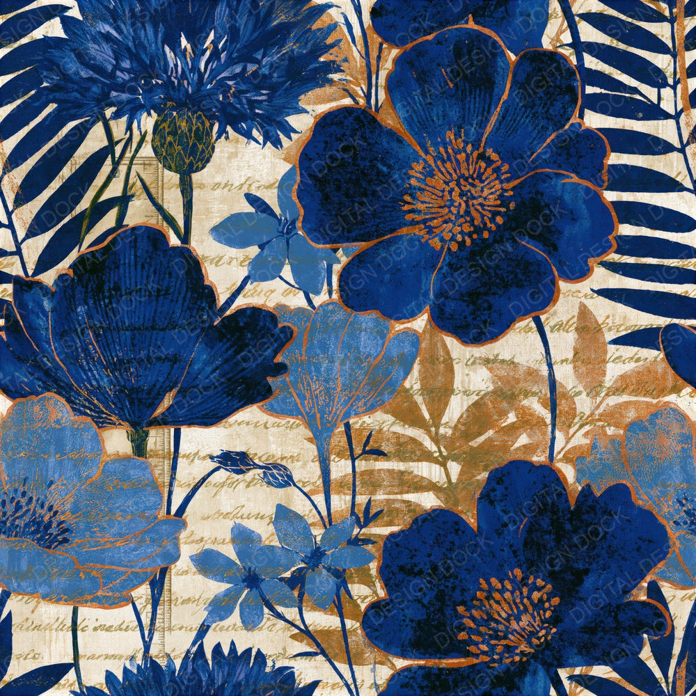Woodblock Meadow Flowers Sapphire Seamless Digital Paper Pack (DDD015320)