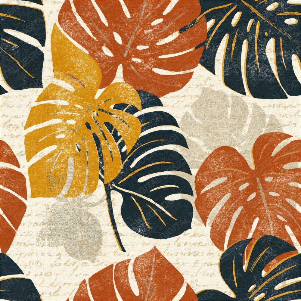 Woodblock Monstera Terracotta Mustard Seamless Digital Paper Pack (DDD015321)