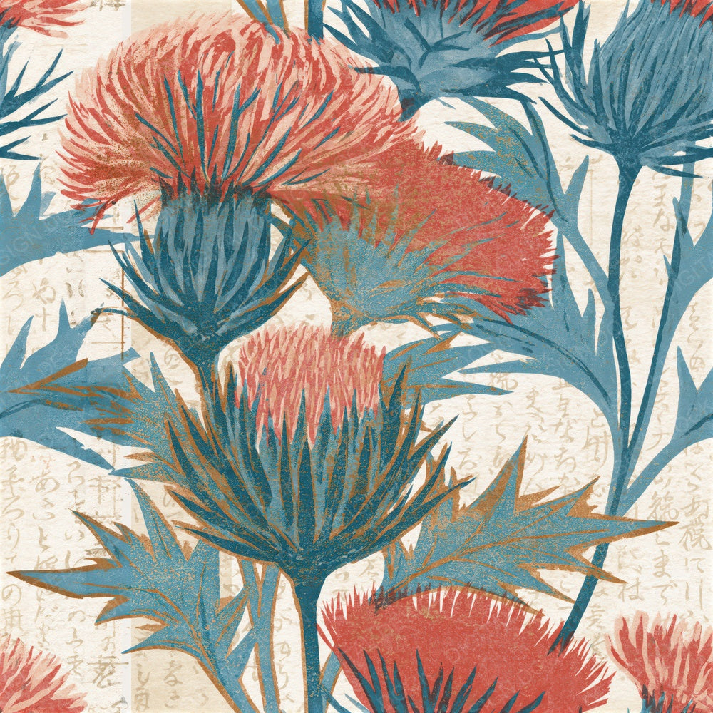 Woodblock Thistle Coral Seafoam Seamless Digital Paper Pack (DDD015322)