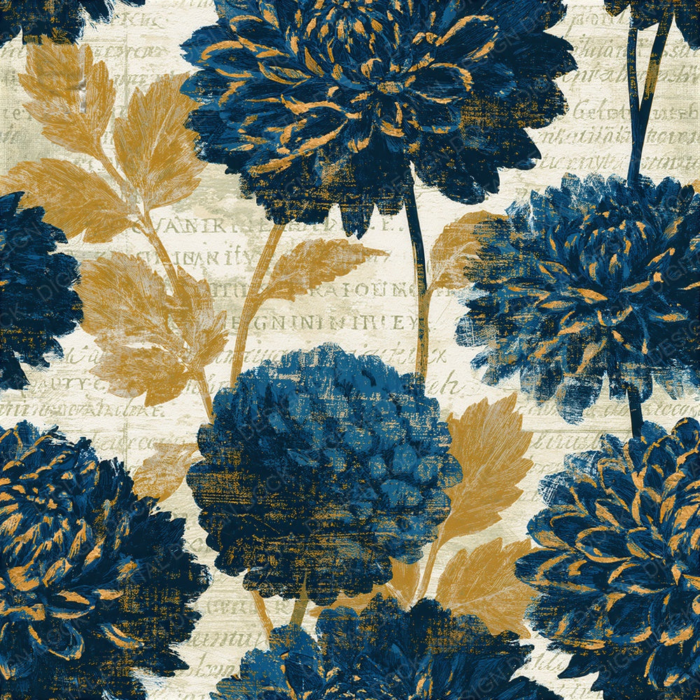 Woodcut Dahlias Indigo Ivory Seamless Digital Paper Pack (DDD015324)