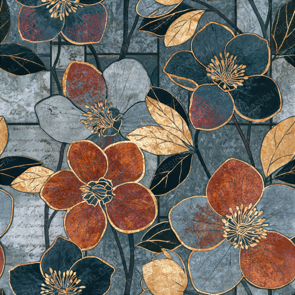 Woodblock Hellebore Gunmetal Rust Seamless Digital Paper Pack (DDD015340)