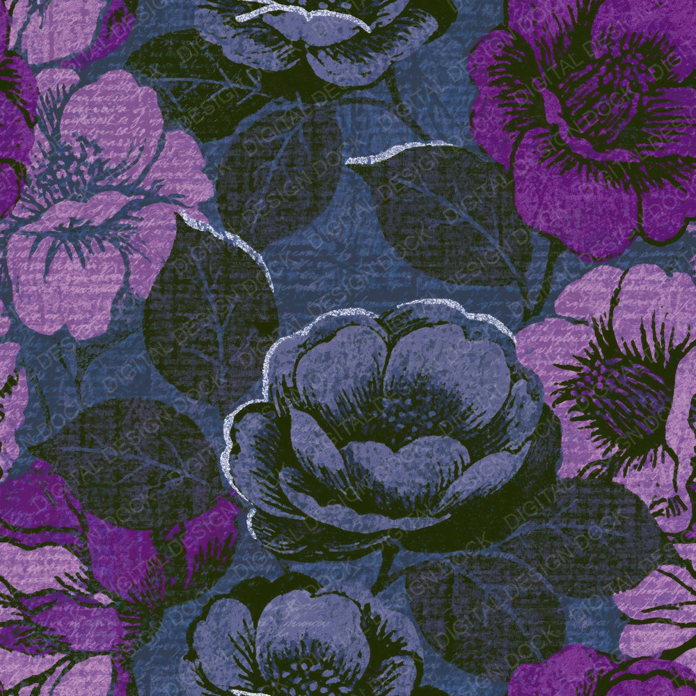 Indian Block Print Camellias Purple Charcoal Digital Paper Pack (DDD015448)