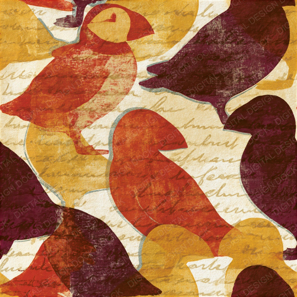 Woodblock Puffin Rust Goldenrod Seamless Digital Paper Pack (DDD015462)
