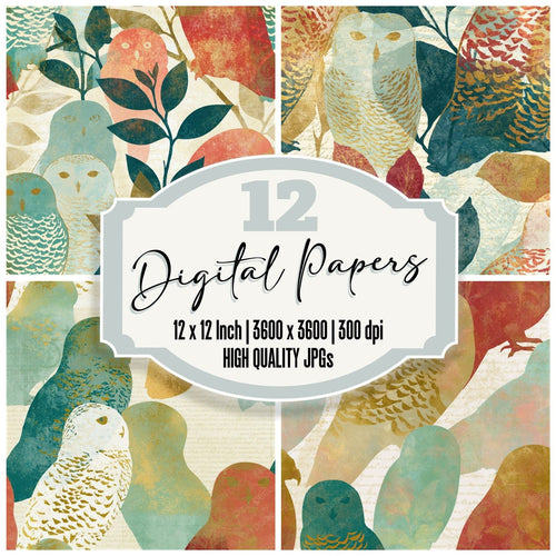 Blueprint Snowy Owl Mint Strawberry Seamless digital paper pack cover showing four of the 12 papers